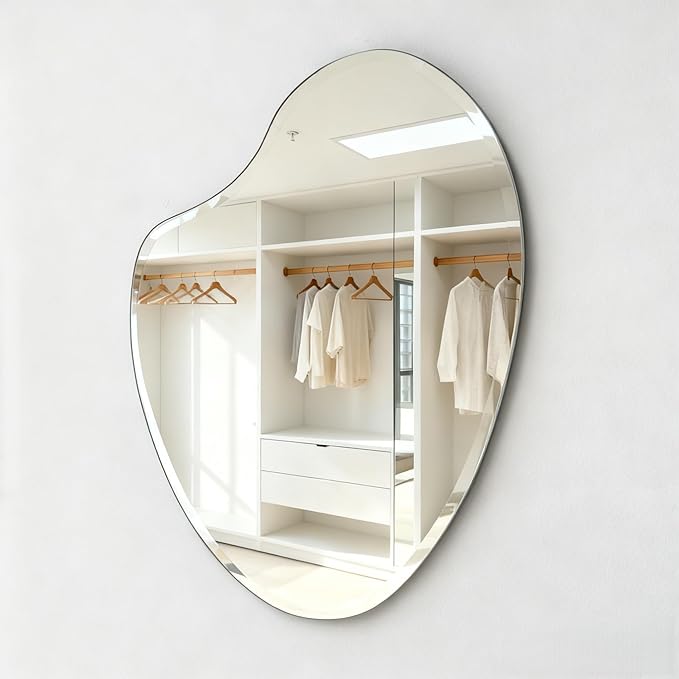 Frameless Asymmetrical Heart Shaped Wall Mirror, 20x28 Inch Beveled Edge Decorative Vanity Mirror for Bathroom, Bedroom, Entryway