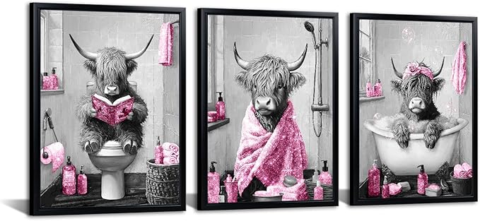 sechars Highland Cow Bathroom Wall Art 3 Piece Funny Bathroom Pictures Canvas Print Grey and Pink Decor (Pink)