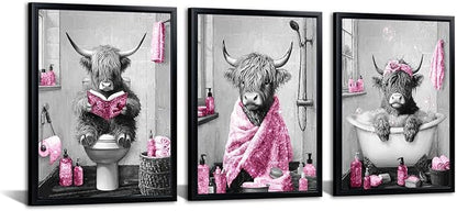 sechars Highland Cow Bathroom Wall Art 3 Piece Funny Bathroom Pictures Canvas Print Grey and Pink Decor (Pink)