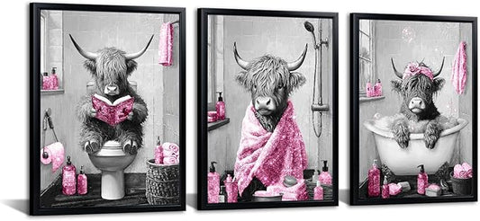 sechars Highland Cow Bathroom Wall Art 3 Piece Funny Bathroom Pictures Canvas Print Grey and Pink Decor (Pink)