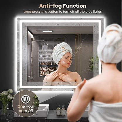 Snowdool 48"X32" LED Bathroom Mirror with Front Lights and Backlit, Anti-Fog, Dimmable, Shatter-Proof Tempered Glass, Lighted Bathroom Vanity Mirror for Wall with 3 Colors, Memory Function