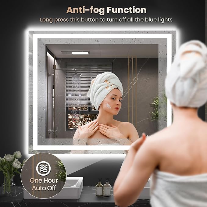 Snowdool 48"X36" LED Bathroom Mirror with Front Lights and Backlit, Anti-Fog, Dimmable, Shatter-Proof Tempered Glass, Lighted Bathroom Vanity Mirror for Wall with 3 Colors, Memory Function