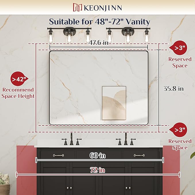 Keonjinn Black Bathroom Mirror for Over Sink, 48” x 36” Large Matte Black Vanity Mirror, Tempered Glass Rectangle Farmhouse Mirrors, Modern Decorative Mirror with Sandblasted Finish, Seamless Frame