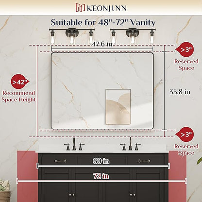 Keonjinn Black Bathroom Mirror for Over Sink, 48” x 36” Large Matte Black Vanity Mirror, Tempered Glass Rectangle Farmhouse Mirrors, Modern Decorative Mirror with Sandblasted Finish, Seamless Frame