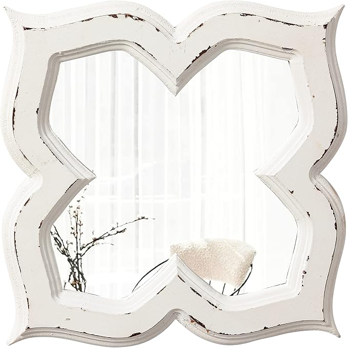 Hanging Antique Small Wall Mirrors Decorative 9.6 inch, Distressed White Sculpted Wood Mirror Farmhouse Home Decor, Shabby Chic Lucky Four-Leaf Clover Mirror Wall Decor for Living Room