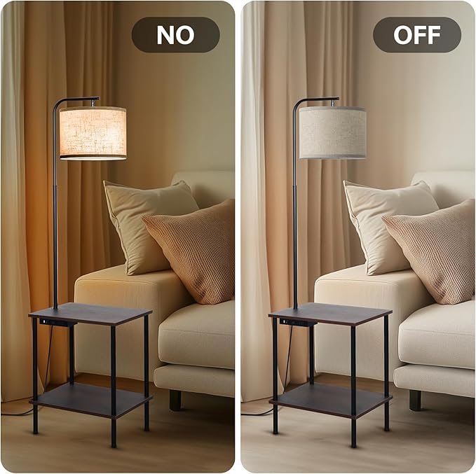 EOEYYOYB Floor Lamp with Table, End Table Lamp with USB Charging Port Power Outlet and Shelves, Side Table Reading Light with 3 Color Temperature Led Bulb Included, Floor Lamps for Living Room, Walnut