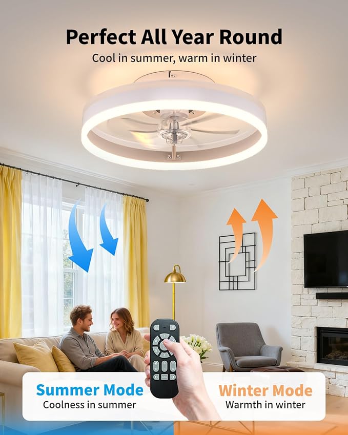 RGB Ceiling Fan with Lights, low profile ceiling fans with lights and remote, Flush Mount LED Fan Light, Modern Bladeless Fandelier for Bedroom Works with APP, 16IN White