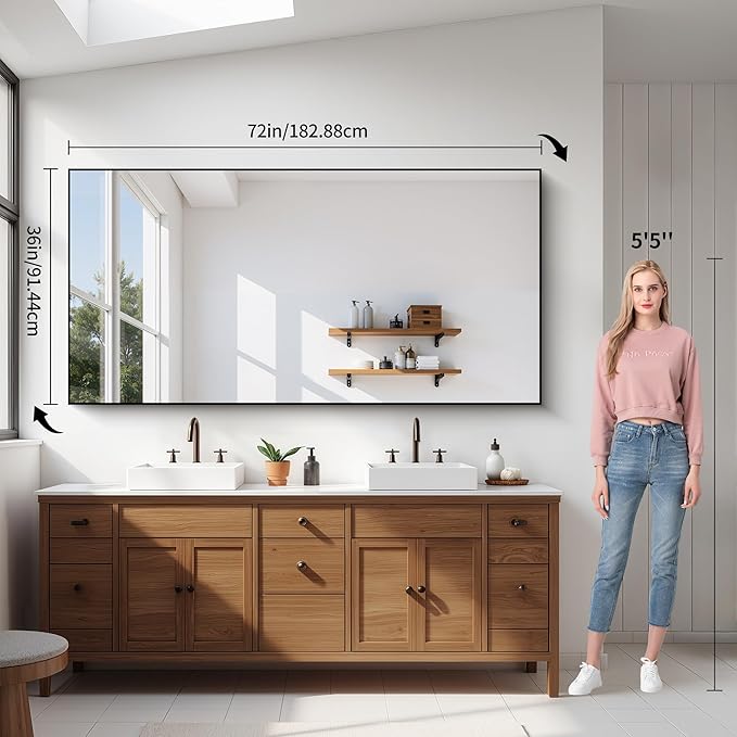 YIROMAN Bathroom Mirror 72"x36", Large Brushed Silver Bathroom Mirror for Over Sink with Aluminum Frame, Rectangular Vanity Mirror with Right Angle, Wall Mirror Hangs Horizontal or Vertical
