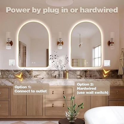 Niccy Arched LED Lighted Bathroom Mirror, 40x24 Inch Backlit Vanity Bathroom Mirror with Lights Brushed Gold Framed Wall Mounted Mirrors with 3 Color Shatterproof Arch Smart Fog Free Mirror