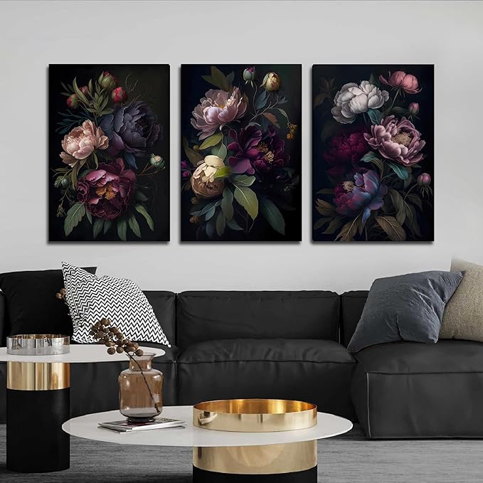 ICHZUMW Moody Floral Wall Art Framed, Vintage Peony Wrapped Canvas Wall Art, Set of 3, Dark Academia Floral Prints, Gothic Flower Pictures for Bedroom Living Room Decor, Elegant Botanical Home Decor