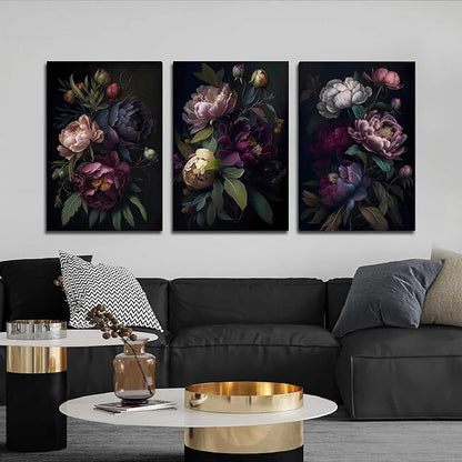 ICHZUMW Moody Floral Wall Art Framed, Vintage Peony Wrapped Canvas Wall Art, Set of 3, Dark Academia Floral Prints, Gothic Flower Pictures for Bedroom Living Room Decor, Elegant Botanical Home Decor