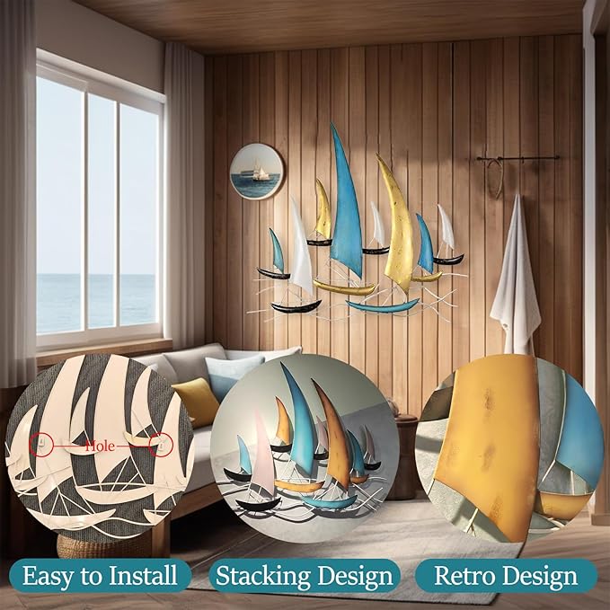 edaknez Large Metal Ship Wall Art, Metal Sailboat Wall Decor, Coastal Nautical Wall Art Decor, 3D Boat Wall Hanging, for Living Room Bedroom Indoor Outdoor (Modern Color)