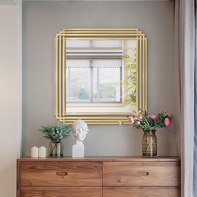 Gold Geometric Mirrors, 24"x24" Art Deco Elegant Mirror with Metal Frame, Modern Square Aesthetic Wall Mirrors for Living Room Bedroom Entryway, Horizontal or Vertical Hanging