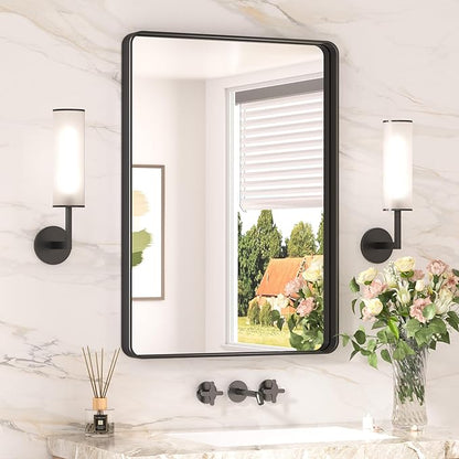 Keonjinn Black Bathroom Mirror, 20 x 30 Inch Rounded Rectangle Bathroom Mirrors for Over Sink Sandblasted Finish, Matte Black Farmhouse Vanity Mirror for Wall with Seamless Frame and HD Tempered Glass