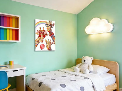 16x24 Inch Graffiti Giraffe Canvas Wall Art - Watercolor Rainbow Giraffe Family Poster with Glasses Balloon - Framed Funny Animal Wall Decor Prints for Kids Bedroom Nursery Bathroom Playroom