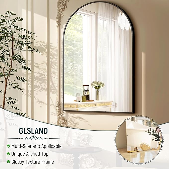 GLSLAND 24“x36” Arched Bathroom Mirror for Wall, Metal Frame Vanity Mirror, Arch Decorative Wall Mirrors for Living Room, Bedroom, Entryway, Mantle Black Dresser Mirror