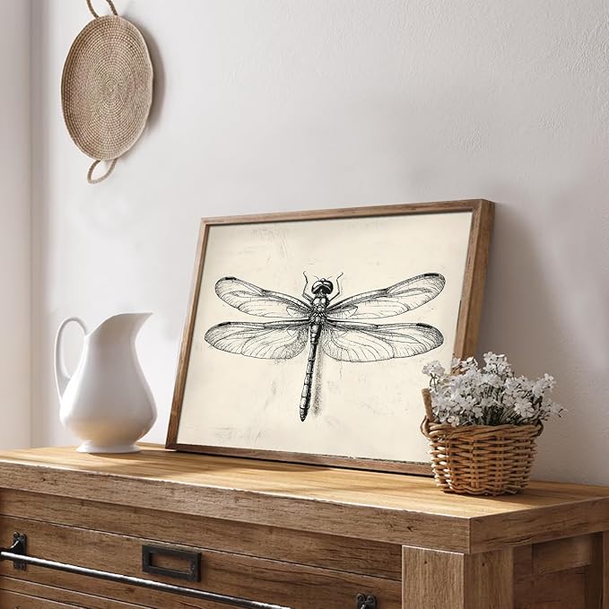 uniro Vintage Dragonfly Sketch Wall Art Prints Farmhouse Decor Neutral Insect Animal Wall Decor, Antique Dragonfly Sketch Drawing Canvas Oil Painting Vintage Artwork Pictures for Bedroom Living Room Decor (8" x 10"-UNFRAMED)