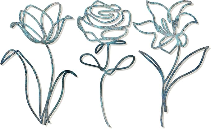 Oubasa Metal Flowers Wall Art Set of 3, Farmhouse Floral Home Decoration, Modern Line Art Flower Wall Decor for Living Room Bedroom Bathroom, Minimalist Botanical Wall Sculpture – Lily, Tulip, Rose