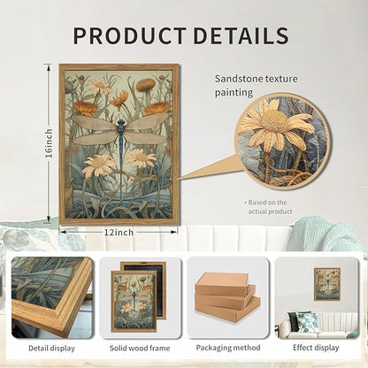 Framed Vintage 3D Textured Wall Art Green Dragonfly Flowers Wall Decor Hand Drawn Sandstone Nature Botanical Pictures for Living Room Bedroom 12x16 inch