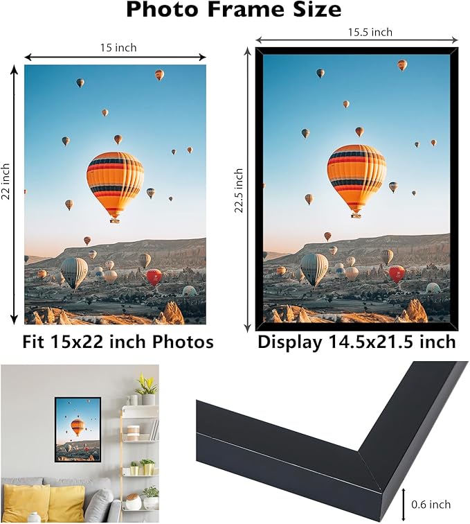 JCJMY 15x22 Picture Frame Set of 6 Black for Wall Hanging, Wall Mounting Horizontally or Vertically, 15 x 22 Wall Gallery Poster Photo Frame with Shatter Resistant Plexiglass, 6 Pack, Black