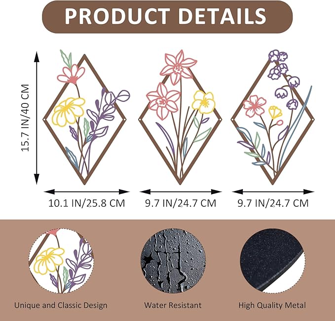 ShxTrade 3 Pcs Metal Flowers Wall Arts, Rustic Farmhouse Decor Minimalist Flower Wall Decors Natural Themed Home Decorations for Bathroom Kitchen Living Room Bedroom (Purple)
