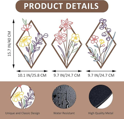 ShxTrade 3 Pcs Metal Flowers Wall Arts, Rustic Farmhouse Decor Minimalist Flower Wall Decors Natural Themed Home Decorations for Bathroom Kitchen Living Room Bedroom (Purple)