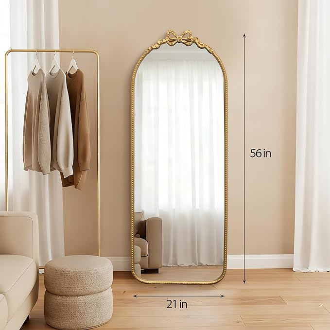 Besdomus Gold Full Length Mirror: 21"x56" Modern Bow Arched Floor Full Body Long Beaded Mirror - Baroque Traditional Ornate for Entryway/Cloakroom/Bedroom/Hallway - Ideal for Fashion Conscious Women