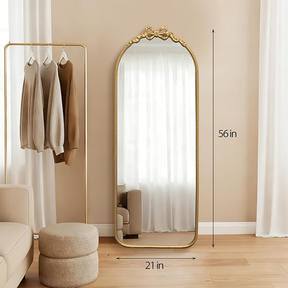 Besdomus Gold Full Length Mirror: 21"x56" Modern Bow Arched Floor Full Body Long Beaded Mirror - Baroque Traditional Ornate for Entryway/Cloakroom/Bedroom/Hallway - Ideal for Fashion Conscious Women