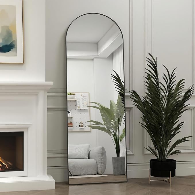 Dewfig Door Mirror with Stand, Arched Full Length Mirrors Over The Door, 16"x 50" Hanging or Wall Mirror, Full Body Mirrors for Bedroom,Living Room,Black