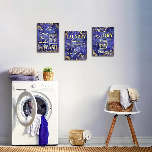 sechars Laundry Room Wall Art Wash Dry Fold Laundry Sign Painting Canvas Prints Purple and Gold Bathroom Laundry Decor (Purple)