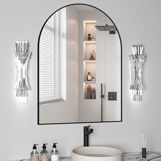 Arched Wall Mirror for Bathroom, 30"x40" Arched Mirror Wall Mounted Mirror with Metal Frame, Black Vanity Mirror Decor for Mantle, Bedroom, Entryway, Living Room