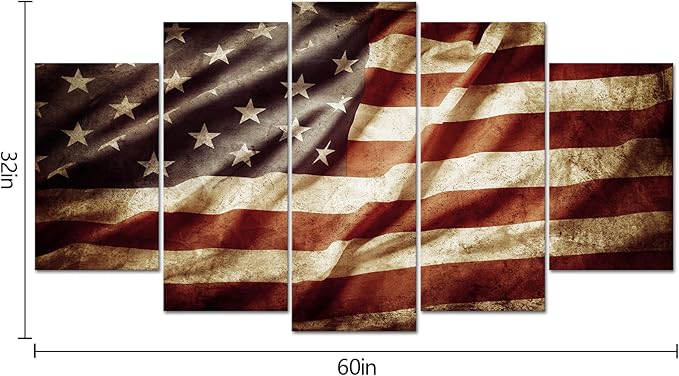 VVOVV Wall Decor American Flag Wall Art Patriotic Decor Framed Canvas Prints Living Room Decor Large 5 Pieces Overall 32"x60"