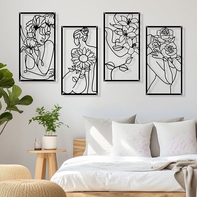 Zzbakress 4 Pcs Metal Minimalist Abstract Woman and Flower Wall Art Single Line Drawing Art Decor Minimalist Home Hanging Wall Decor for Bedroom Bathroom Living Room (style1, Black)