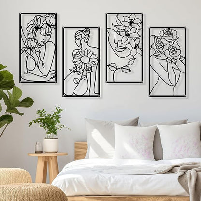 Zzbakress 4 Pcs Metal Minimalist Abstract Woman and Flower Wall Art Single Line Drawing Art Decor Minimalist Home Hanging Wall Decor for Bedroom Bathroom Living Room (style1, Black)