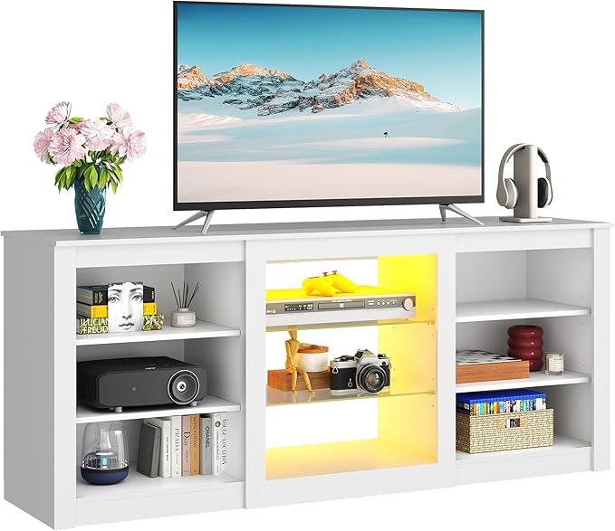 WLIVE Modern TV Stand for 65 Inch TV, Entertainment Center with Adjustable Open Shelves & RGB LED Lights, Sturdy Media Console for Living Room, Bedroom,Gaming (White)
