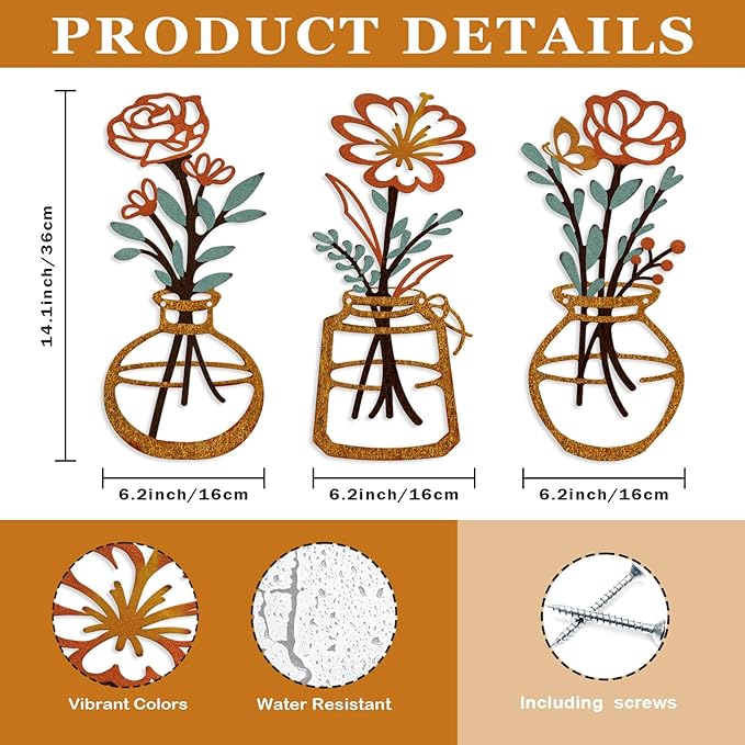 ARTINME 3 Pieces Metal Flowers Wall Arts - Rustic Farmhouse Decor Minimalist Flower Wall Decors for Living Room Bathroom Kitchen Bedroom Dining Room - Housewarming Gifts (Orange)
