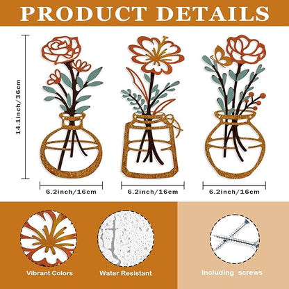 ARTINME 3 Pieces Metal Flowers Wall Arts - Rustic Farmhouse Decor Minimalist Flower Wall Decors for Living Room Bathroom Kitchen Bedroom Dining Room - Housewarming Gifts (Orange)