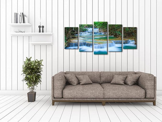Wieco Art Peaceful Waterfall Canvas Prints Wall Art Green Trees Pictures Paintings for Living Room Bedroom Home Decorations Modern 5 Piece Stretched and Framed Forest Landscape Giclee Artwork