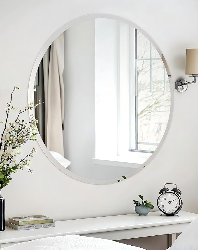 Frameless Round Wall Mirror: Decorative Mirrored Glass Vanity with Beveled Silver Edge for Bathroom Bedroom Livingroom Dining Room Entryway Hallway, 32 x 32 inch