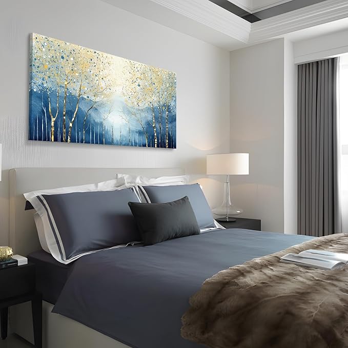 amatop Large Abstract Art Wall Hanging For The Living Room, Featuring Modern Plant Prints Pictures And Blue And Yellow Tree Artwork For Bedrooms, Bathrooms, Dining Rooms, And Studies. 48X24 Inches.