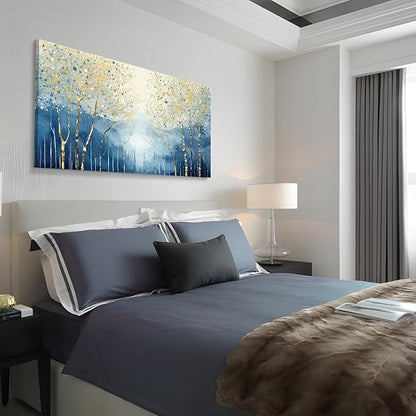 amatop Large Abstract Art Wall Hanging For The Living Room, Featuring Modern Plant Prints Pictures And Blue And Yellow Tree Artwork For Bedrooms, Bathrooms, Dining Rooms, And Studies. 48X24 Inches.