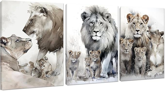 Animal Canvas Paintings Lion Family Portrait Pictures Wall Decor Modern 3 Piece Lion Poster Wall Art Living Room Bedroom Home Office Decorations, Framed 60”W x 28”H