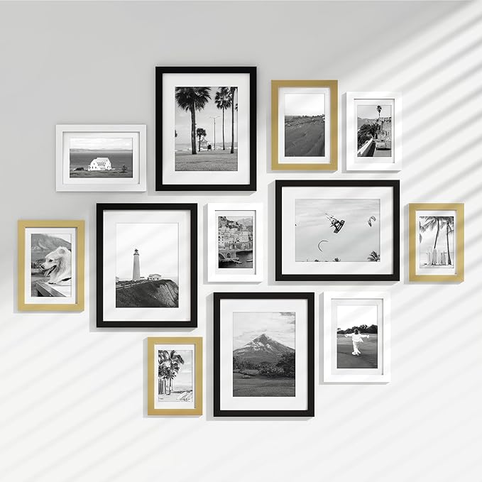 Venusmiles 12 Pack Picture Frames Collage Wall Decor, Gallery Frame Set for Wall Mounting or Tabletop Display, Multi Sizes Including 4pcs 8x10, 4pcs 5x7, 4pcs 4x6, Black+White+Gold