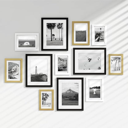 Venusmiles 12 Pack Picture Frames Collage Wall Decor, Gallery Frame Set for Wall Mounting or Tabletop Display, Multi Sizes Including 4pcs 8x10, 4pcs 5x7, 4pcs 4x6, Black+White+Gold