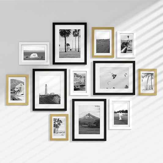 Venusmiles 12 Pack Picture Frames Collage Wall Decor, Gallery Frame Set for Wall Mounting or Tabletop Display, Multi Sizes Including 4pcs 8x10, 4pcs 5x7, 4pcs 4x6, Black+White+Gold