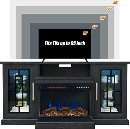 59 Inch LED TV Stand with 3-Side Glass Fireplace, Modern Media Entertainment Center Console Table for TVs up to 65 Inch with Adjustable Flame & LED Color, 24’’ Fireplace, Highboy, Black