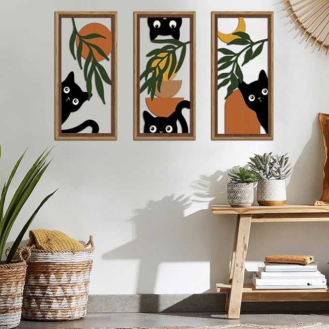 KAIRNE Boho Black Cat Wall Art,Green Leaves Wood Wall Decor Set of 3(16”X8”),Farmhouse Geometric Wooden Cat Wall Decor,Mid-Century Bohemian Moon Sun Design for Friends Family Bedroom Living Room Decor