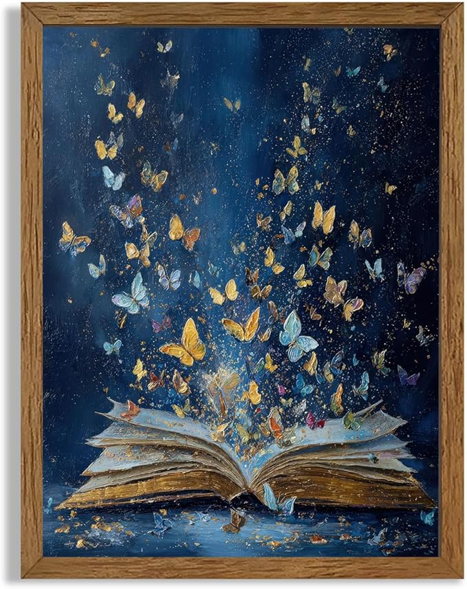 JLTULT Colorful Butterfly On Book Page Canvas Wall Art, Vintage Fantasy Butterflies Art Wall Decor, Modern Aesthetic Art Print for Bathroom Bedroom Living room Study 12x16 In Wood Framed Easy to Hang
