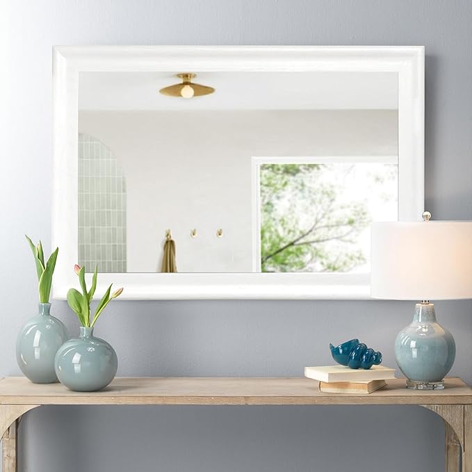 White Bathroom Mirror 24x36 Inch, Wood Framed Rectangle Mirrors for Wall with Tempered Glassr for Bedroom Living Room or Entryway, Vertical or Horizontal Hanging