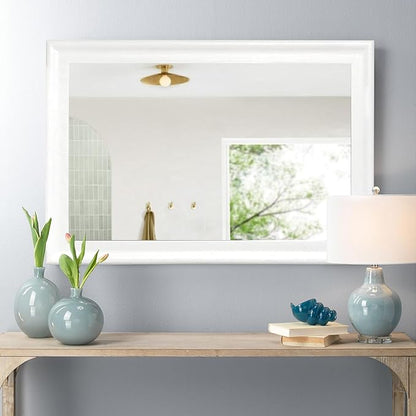 White Bathroom Mirror 24x36 Inch, Wood Framed Rectangle Mirrors for Wall with Tempered Glassr for Bedroom Living Room or Entryway, Vertical or Horizontal Hanging